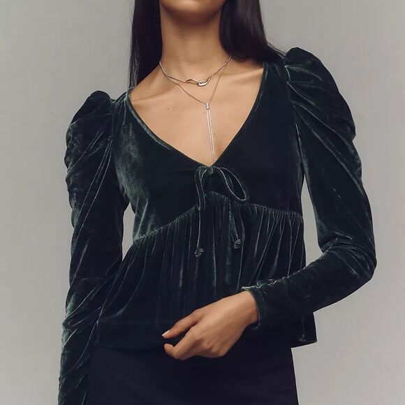 NWT Anthropologie Dark Green Maeve Velvet Babydoll top size XS - Picture 2 of 10